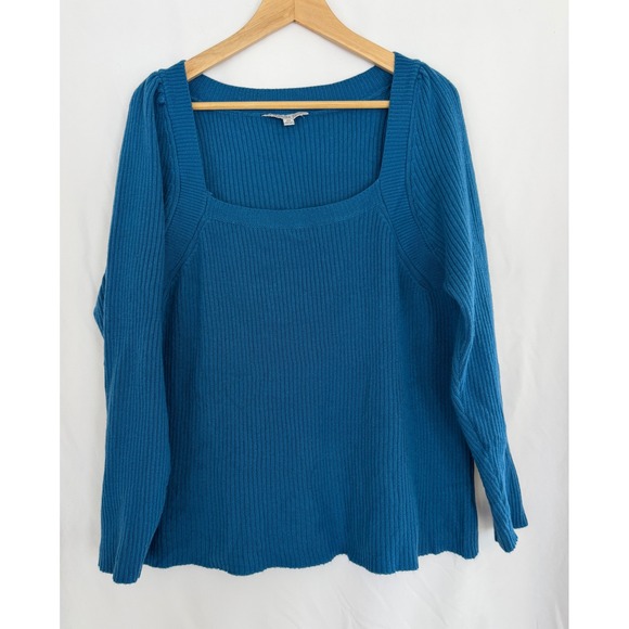 Ophelia Roe Sweaters - Ophelia Roe Womens Teal Blue Ribbed Square‎ Neck Puff Sleeve Sweater 2X RN48711